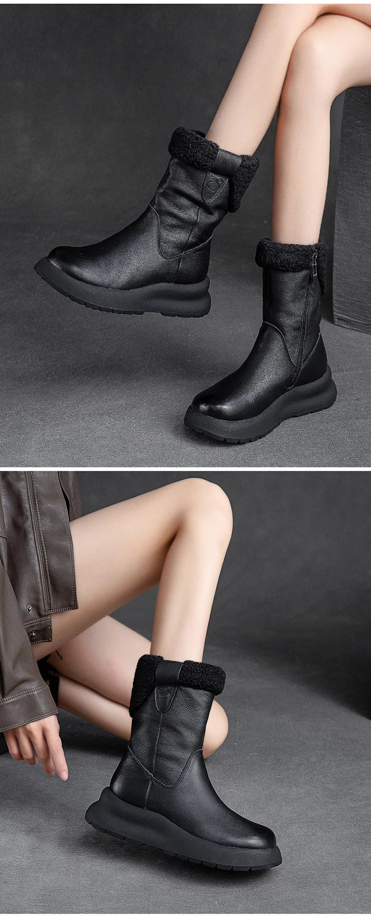 Careaymade-Bottes de neige mi-longues en cuir véritable pour femme