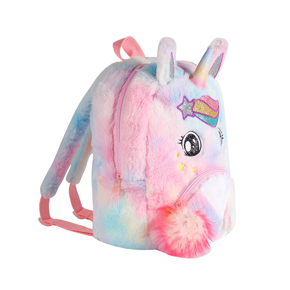 Sac à dos pour filles de maternelle Sac à dos en peluche de dessin animé licorne pour enfants avec de jolis grands yeux