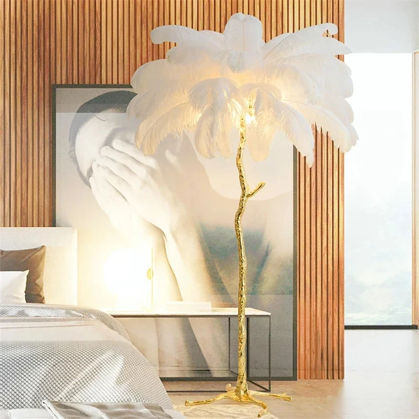 Lampe LED autoportante en plumes d'autruche, design nordique moderne, luminaire décoratif d'intérieur, idéal pour un salon