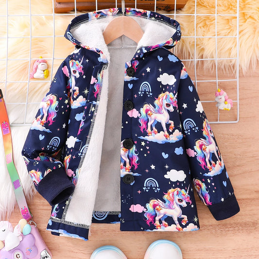 Veste vintage à simple boutonnage pour fille, capuche en peluche, imprimé nuage blanc arc-en-ciel