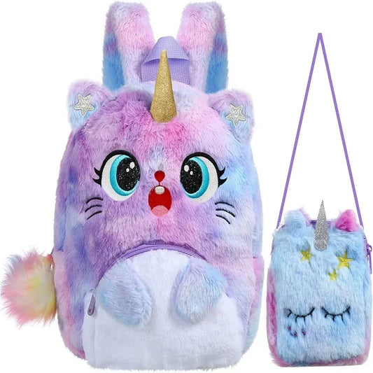 NEEVAS Ensemble sac à dos et sac à main mignon licorne chat kawaii coloré en peluche sac d'école, sac à bandoulière, sac à bandoulière doux, cadeau pour enfants filles