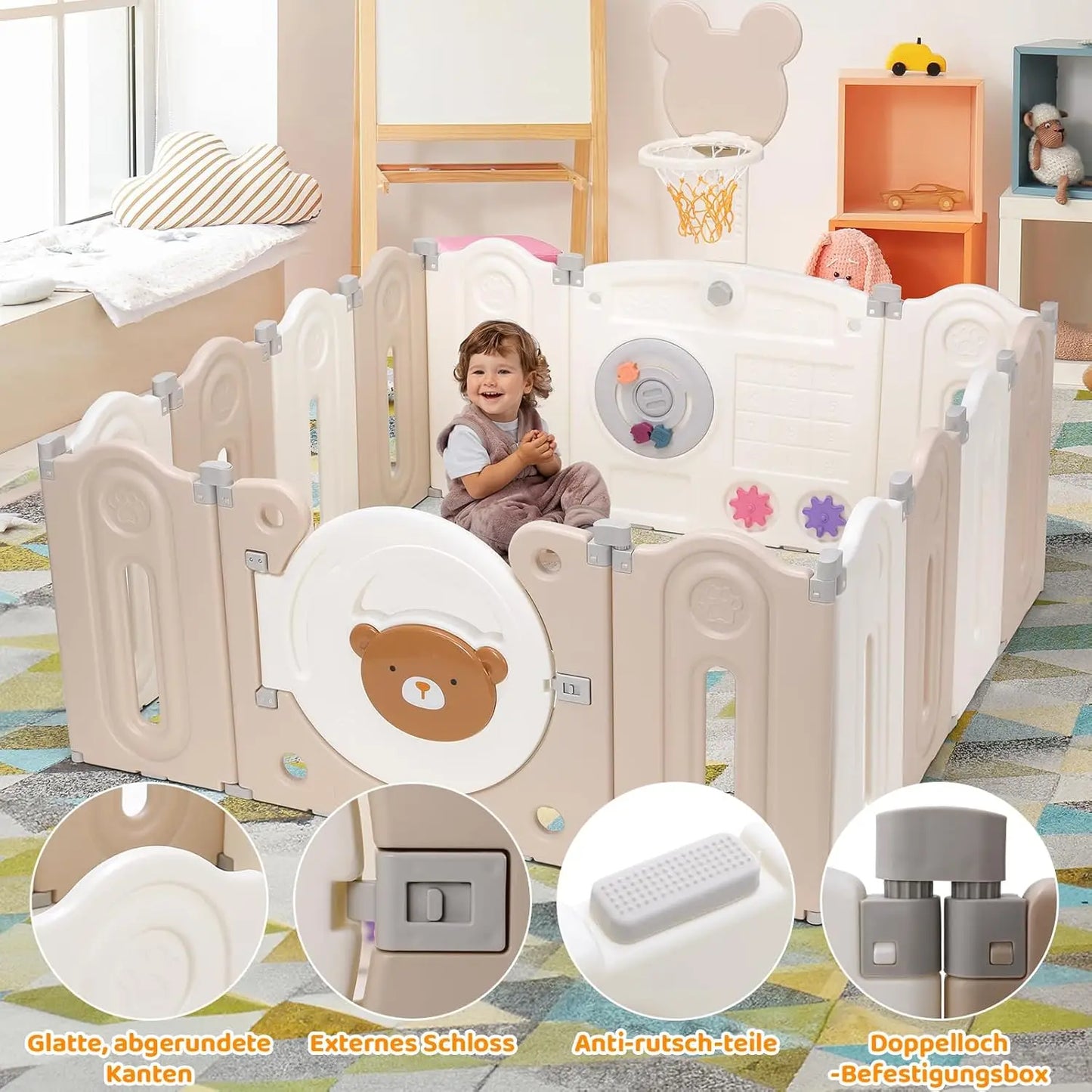 Meilleur Parc pliable pour bébé, clôture pour bébé à 14 panneaux, centre d'activités pour enfants, cour de jeu de sécurité avec panier de basket-ball et planche à jouets, cadeaux, brun