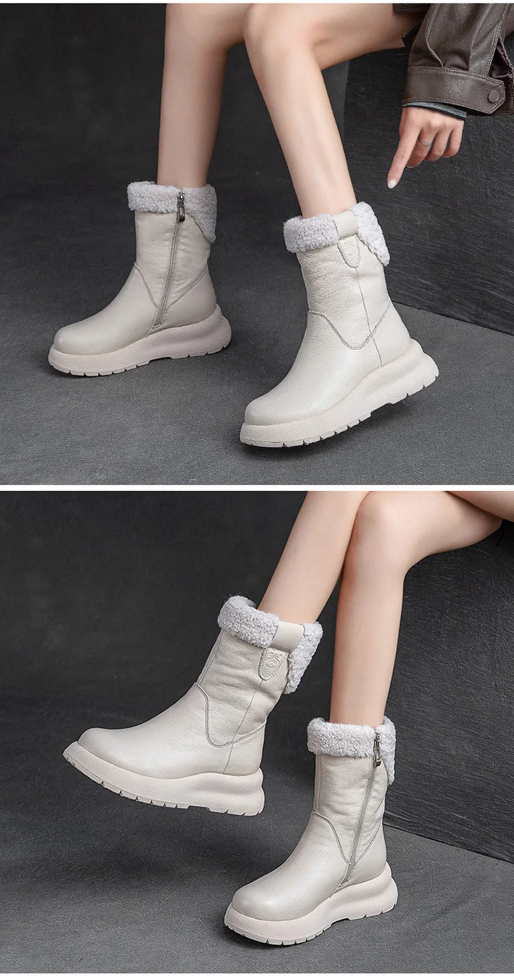 Careaymade-Bottes de neige mi-longues en cuir véritable pour femme