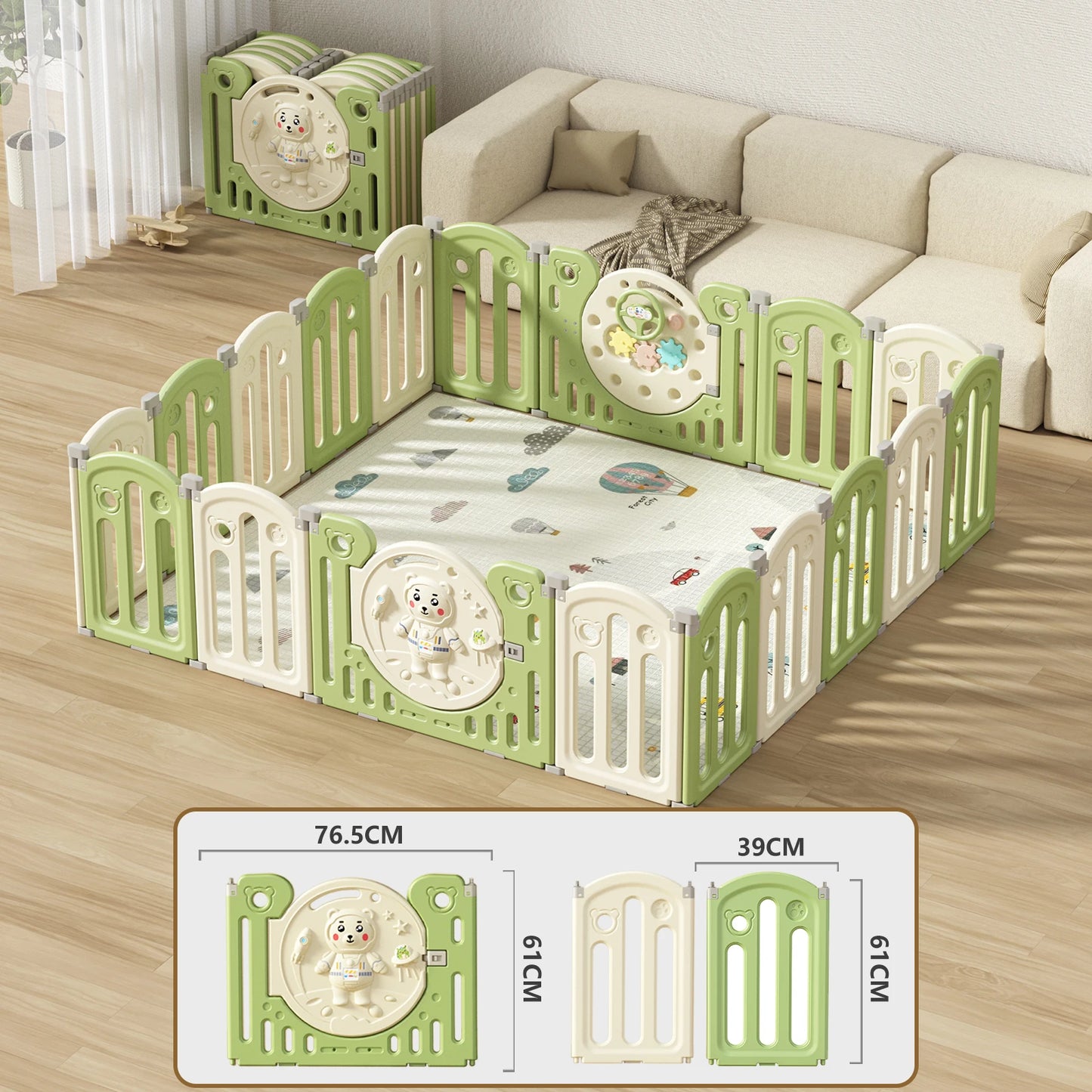 Parc Bebe, Parc Bebe Pliable, Parc Enfant Modulable Avec Parc Enfant, Verrouillage de Sécurité, Forme Réglable, Tapis de Jeu, Rangement Pliable, Antidérapant, Barriere Bebe 14+2 Vert