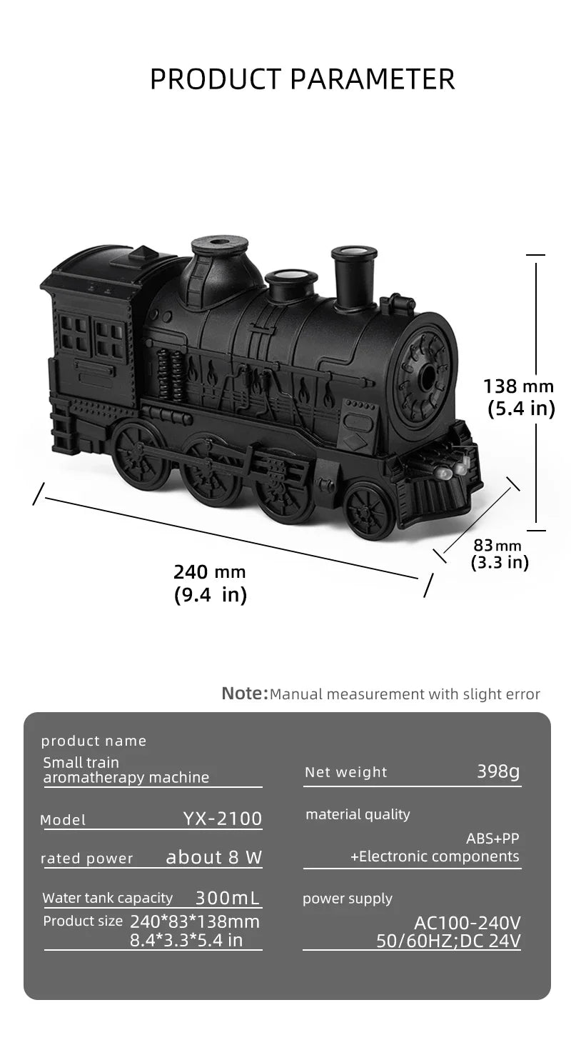 Humidificateur d'air en forme de train, supporter ficateur, diffuseur d'arômes avec lumière, pulvérisateur de brume fraîche, huile essentielle, parfum pour bureau à domicile