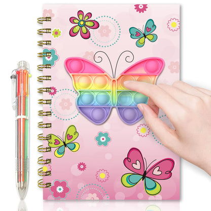 GINMLYDA Pop Journal Intime Fille avec Stylo, 21x14,5cm 80 Feuilles Ligné Papillon Fidget Cahier Enfant avec 6-en-1 Stylos à Multicolores Spirale Carnet Secret Fille Dessiner Cadeau Fille 6-10 Ans
