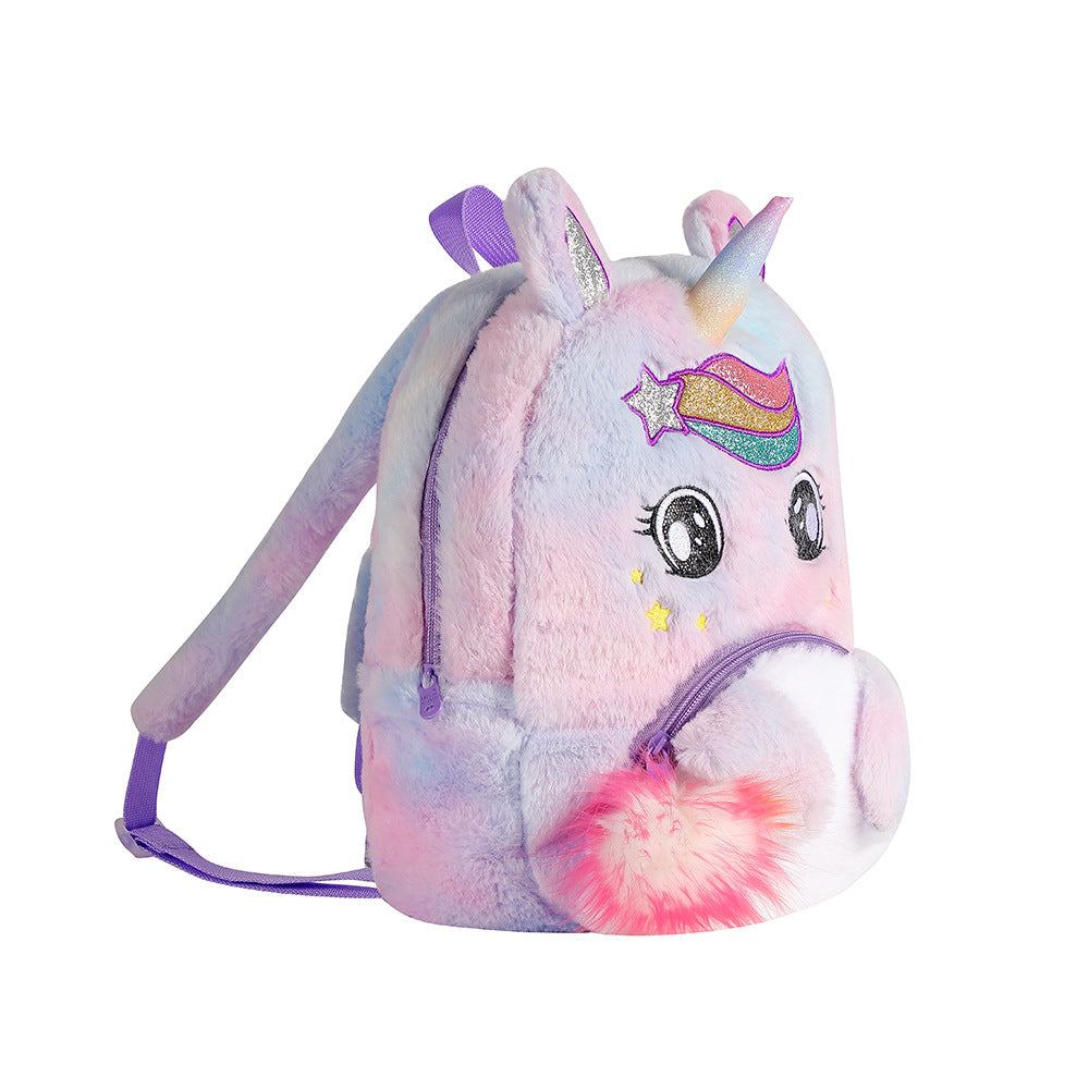 Sac à dos pour filles de maternelle Sac à dos en peluche de dessin animé licorne pour enfants avec de jolis grands yeux