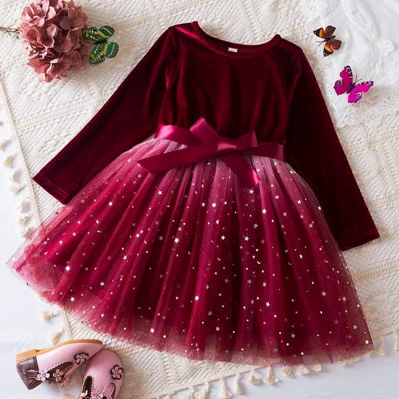 Robe de Noël rouge / vert pour les filles Hiver Paillettes Volant Manches longues Princesse Robes Costume de fête d’anniversaire pour enfants 3-8 ans