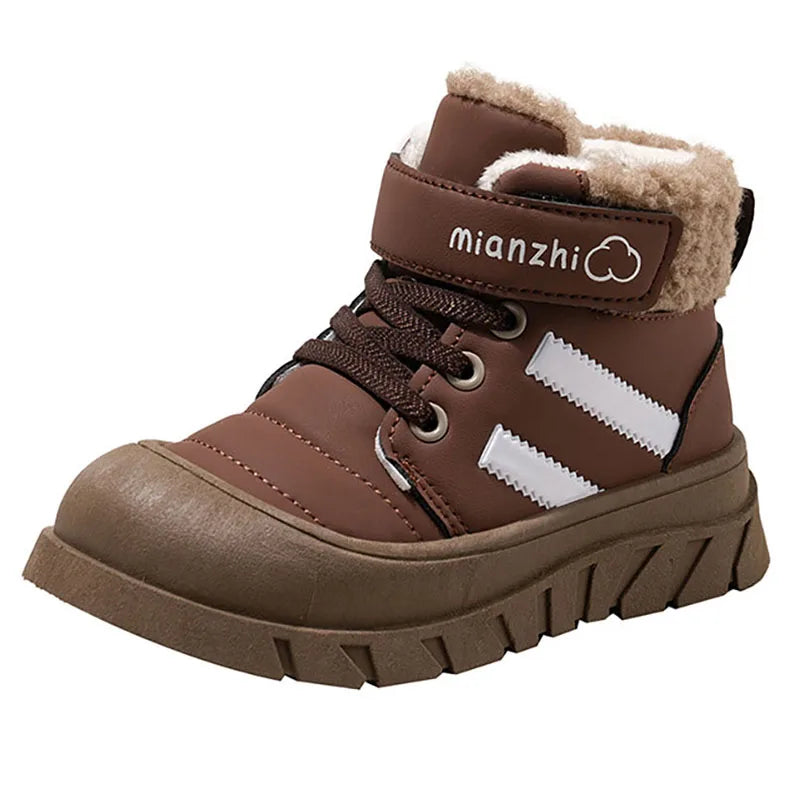 Bottes En Peluche D’hiver Pour Enfants Cuir PU Chaussures En Coton Imperméable Tendance 26-37