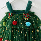 Robe de Noël filles bretelle sans manches étoile imprimé dentelle superposée tulle robe d’été avec épingle à cheveux arbre de Noël