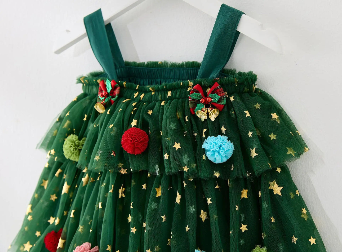 Robe de Noël filles bretelle sans manches étoile imprimé dentelle superposée tulle robe d’été avec épingle à cheveux arbre de Noël