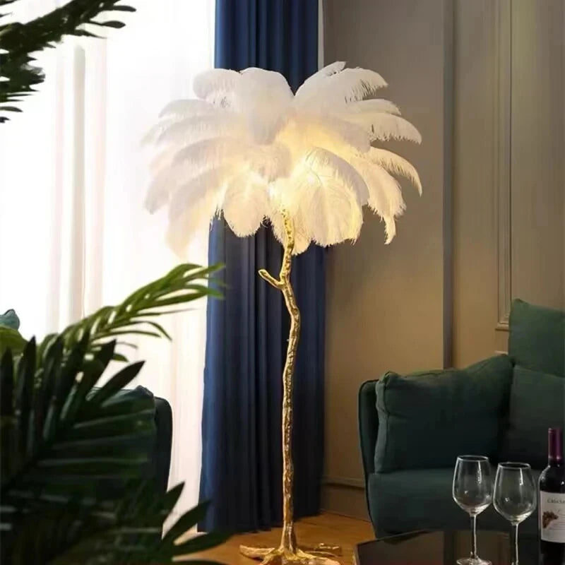 Lampe LED autoportante en plumes d'autruche, design nordique moderne, luminaire décoratif d'intérieur, idéal pour un salon