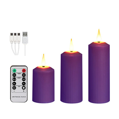 3Pcs Bougies Pilier Électrique Scintillantes Dimmable USB Rechargeable Bougies Étanches Extérieures Lumière Scintillante LED Pilier Bougies Violet