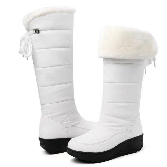 Bottes de neige compensées au genou pour femmes et filles, chaussures de pluie pour dames, noir et blanc, fourrure chaude, peluche, décontracté, imperméable, hiver