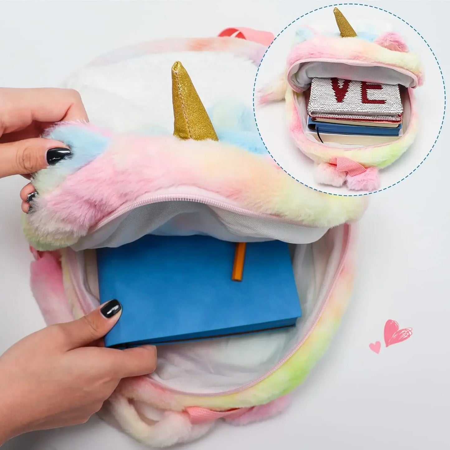 NEEVAS Ensemble sac à dos et sac à main mignon licorne chat kawaii coloré en peluche sac d'école, sac à bandoulière, sac à bandoulière doux, cadeau pour enfants filles