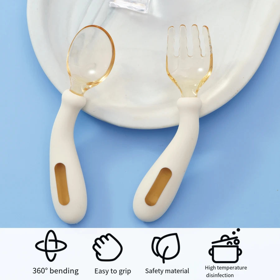 Cuillère et fourchette en silicone pour nouveau-né, articles souples et pliables pour bébés