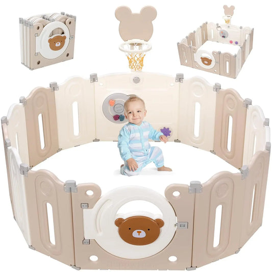 Meilleur Parc pliable pour bébé, clôture pour bébé à 14 panneaux, centre d'activités pour enfants, cour de jeu de sécurité avec panier de basket-ball et planche à jouets, cadeaux, brun