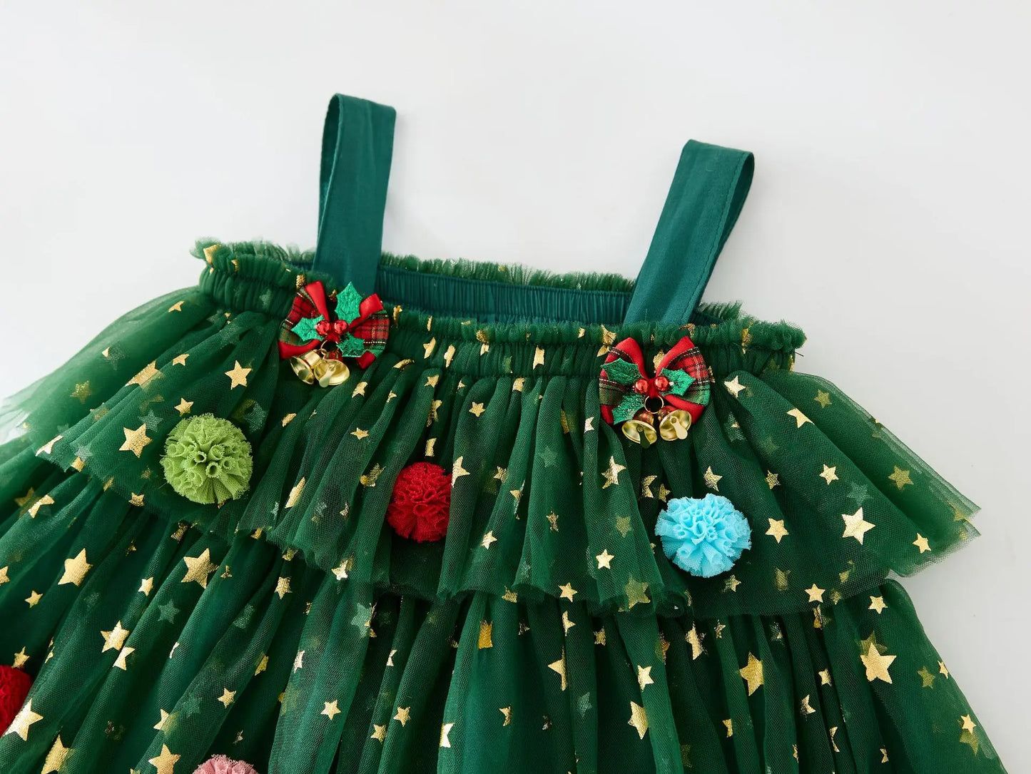 Robe de Noël filles bretelle sans manches étoile imprimé dentelle superposée tulle robe d’été avec épingle à cheveux arbre de Noël