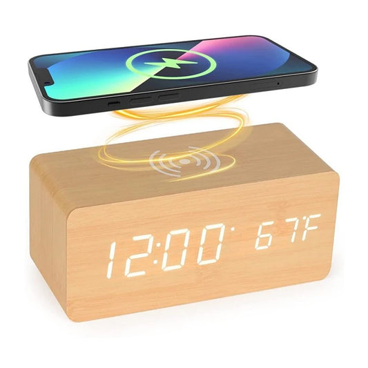 Réveil numérique en bois Charge sans fil Température Rendez-vous Mode nuit Horloge de table 3 Alarme 12 / 24H Horloge LED