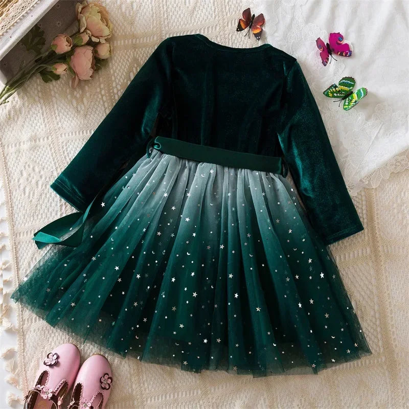 Robe de Noël rouge / vert pour les filles Hiver Paillettes Volant Manches longues Princesse Robes Costume de fête d’anniversaire pour enfants 3-8 ans