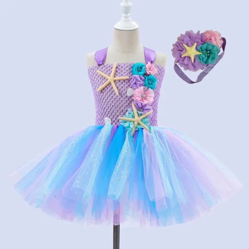 FONLAM Robe Costume de Sirène Fille Robe Fête Baptême Princesse Sirène pour Fille Enfants Tutu Fleurs Carnaval