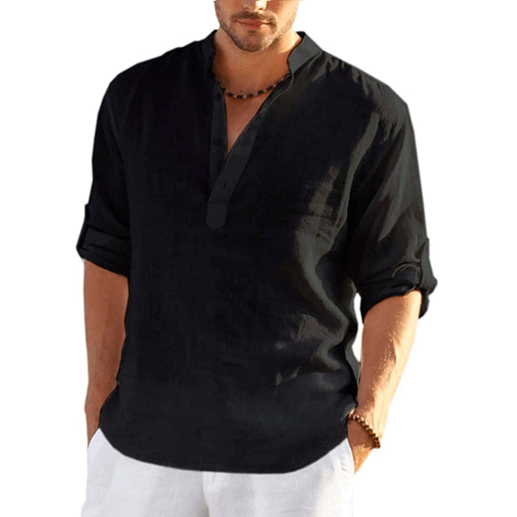 chemise-unie-a-manches-longues-pour-hommes-noir-pas-cher