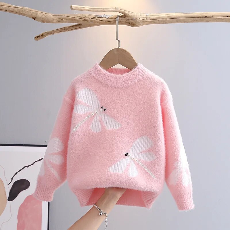 pull-pour-fille-rose-coton-papillon